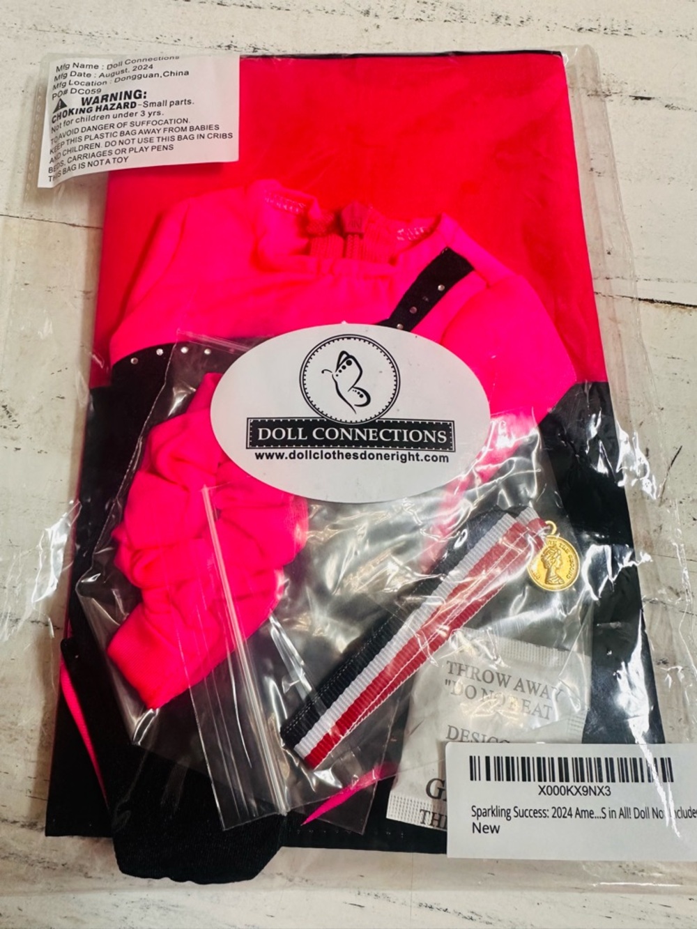 Doll Connections Hot Pink & Black gymnastics outfit and accessories